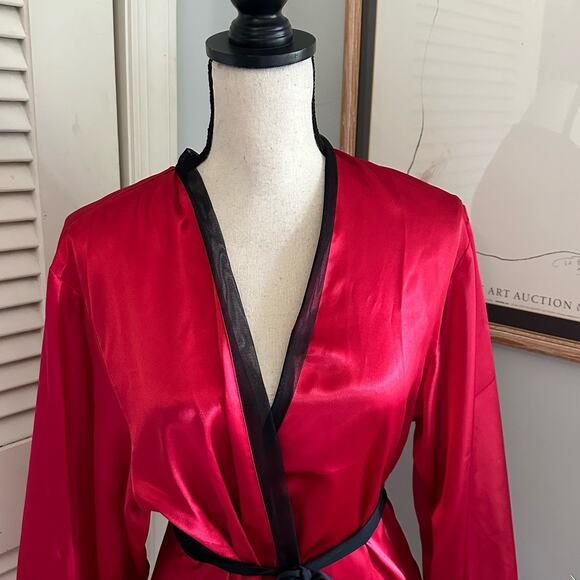 OSCAR DE LA RENTA Womens Robe Large Red Satin 3/4 Sleeve Belted Pockets Lounge - Picture 4 of 13